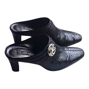 Brighton Mules 8.5M Women Black Ravish Snake Print Embossed Leather Block Heels